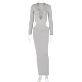 Sexy Hollow Fit Waist Long Sleeve Solid Color Dress