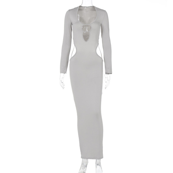 Sexy Hollow Fit Waist Long Sleeve Solid Color Dress