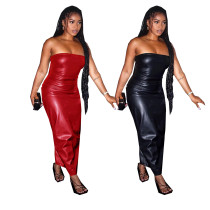 Chest Wrap Zipper Split PU Dress
