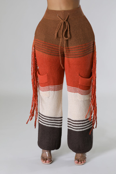 Women's casual personalized knitted color matching hand hook tassel loose straight leg pants