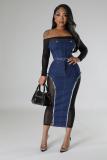 Mesh Denim Splice Perspective Bra Dress Two Piece Set