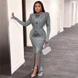 Round Neck Long Sleeve Slim Fit Split Design Dress