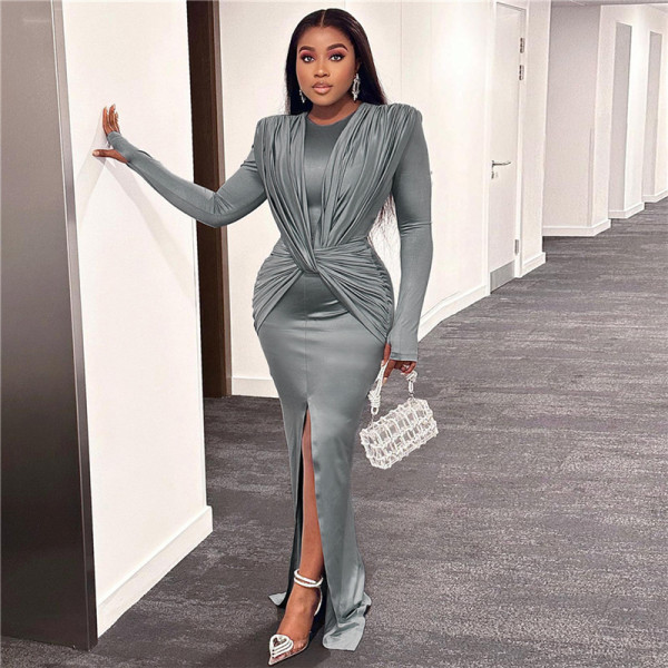Round Neck Long Sleeve Slim Fit Split Design Dress