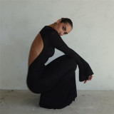 Round Neck Long Sleeve Sexy Open Back Slim Fit Wrap Hip Dress