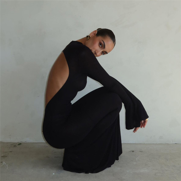 Round Neck Long Sleeve Sexy Open Back Slim Fit Wrap Hip Dress