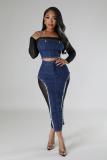 Mesh Denim Splice Perspective Bra Dress Two Piece Set