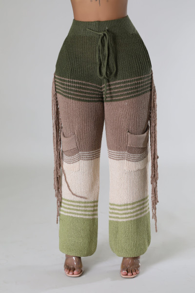 Women's casual personalized knitted color matching hand hook tassel loose straight leg pants