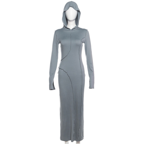 Hooded Slim Fit Wrap Hip Split Bottom Dress