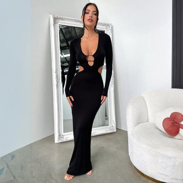 Sexy Hollow Fit Waist Long Sleeve Solid Color Dress