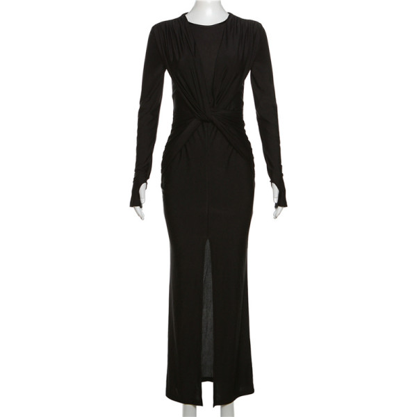 Round Neck Long Sleeve Slim Fit Split Design Dress