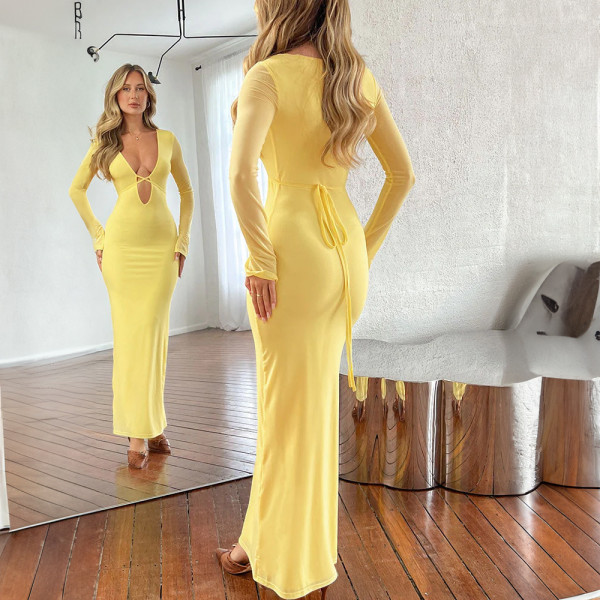 Hollow out mesh long sleeved deep V-neck lace up dress