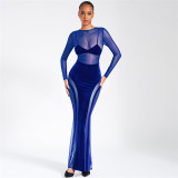 Round neck fashionable mesh patchwork velvet bottom knitted dress