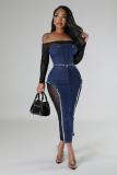 Mesh Denim Splice Perspective Bra Dress Two Piece Set