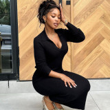 Long sleeved slim fitting lapel slim striped dress