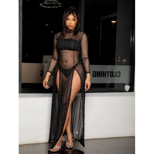 Women's Sexy Mesh Perspective Irregular Long Sleeve Dress