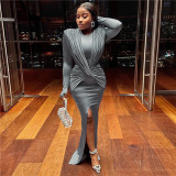 Round Neck Long Sleeve Slim Fit Split Design Dress