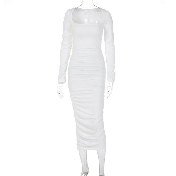 Solid color long sleeved slim pleated dress