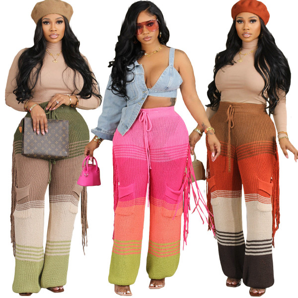Women's casual personalized knitted color matching hand hook tassel loose straight leg pants