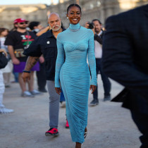 Sexy Mesh Panel High Neck Pleated Long Sleeve Slim Fit Dress