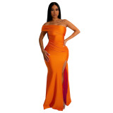 Solid color diagonal shoulder sexy off shoulder split floor long skirt