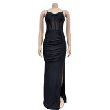 Women's Solid Mesh Sleeveless Split Strap Dress