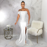 Solid color diagonal shoulder sexy off shoulder split floor long skirt