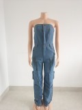 Sleeveless solid denim jumpsuit