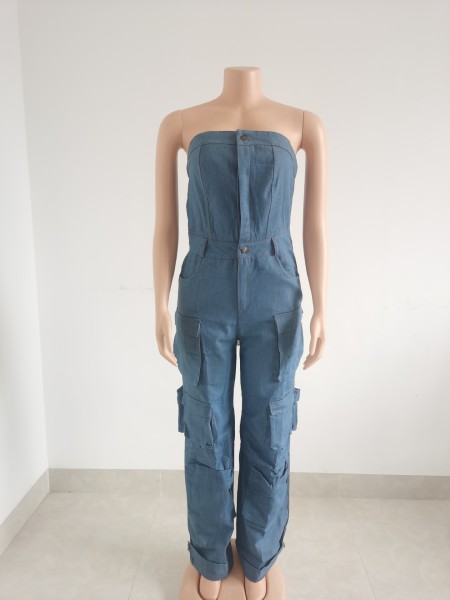 Sleeveless solid denim jumpsuit