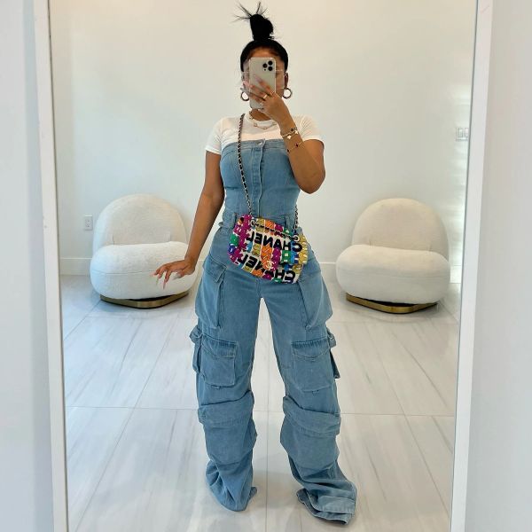 Sleeveless solid denim jumpsuit