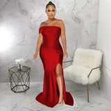 Solid color diagonal shoulder sexy off shoulder split floor long skirt