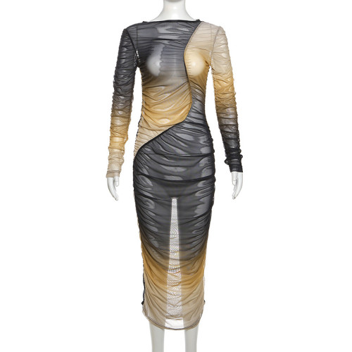 Personalized contrast mesh patchwork gradient sexy slim fitting dress