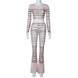 Striped navel exposed long sleeved top slim fitting long flared pants set