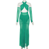 Cross neck open back jumpsuit with high waist pleated long skirt set