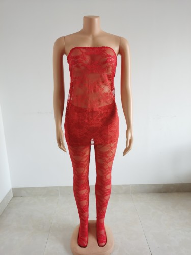 Sexy Hollow Lace Perspective Wrap Chest Dress Pants Two Piece Set