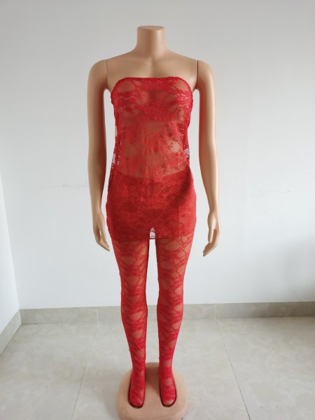 Sexy Hollow Lace Perspective Wrap Chest Dress Pants Two Piece Set