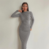 Women's Fashion Round Neck Long Sleeve Slim Fit Wrap Hip Dress
