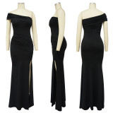 Solid color diagonal shoulder sexy off shoulder split floor long skirt