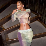 Printed Long Sleeve Pullover Slim Fit Wrapped Hip Dress