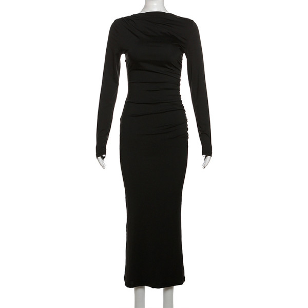 Women's Fashion Round Neck Long Sleeve Slim Fit Wrap Hip Dress