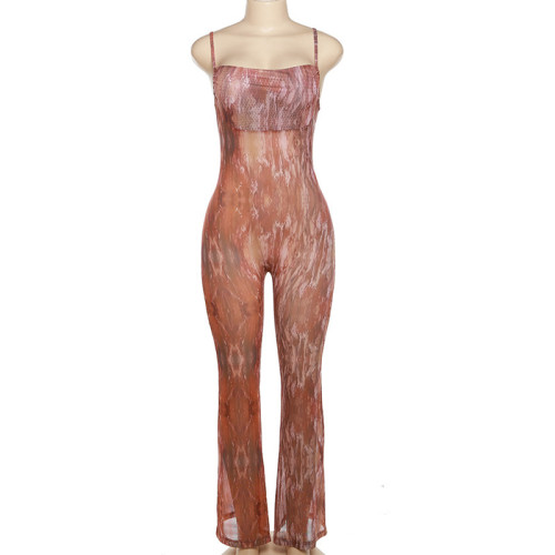 Low cut suspender with open back and high waisted jumpsuit