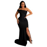 Solid color diagonal shoulder sexy off shoulder split floor long skirt