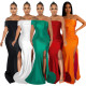 Solid color diagonal shoulder sexy off shoulder split floor long skirt
