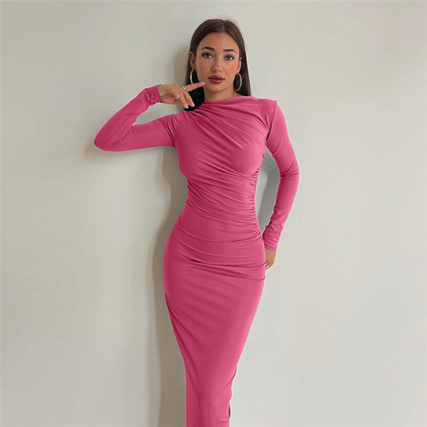 Women's Fashion Round Neck Long Sleeve Slim Fit Wrap Hip Dress
