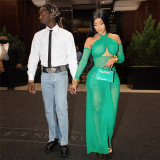 Cross neck open back jumpsuit with high waist pleated long skirt set