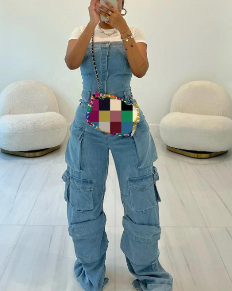Sleeveless solid denim jumpsuit