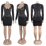 Hot Diamond Slim Fit Elastic Wrap Hip Long Sleeve Dress