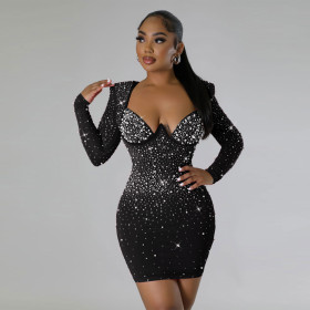 Hot Diamond Slim Fit Elastic Wrap Hip Long Sleeve Dress