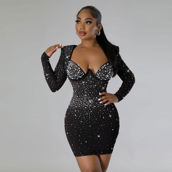 Hot Diamond Slim Fit Elastic Wrap Hip Long Sleeve Dress