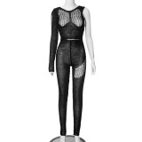 Perforated One Shoulder Long Sleeve Top Long Pants Woolen Woven Set