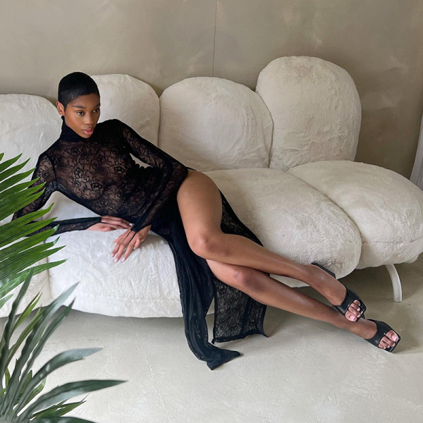 Sexy Lace Perspective Long Sleeve Split Dress
